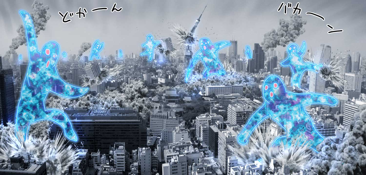 celestial_(suzumiya_haruhi) cityscape destruction grey monochrome no_humans parody photoshop smoke spot_color suzumiya_haruhi_no_yuuutsu