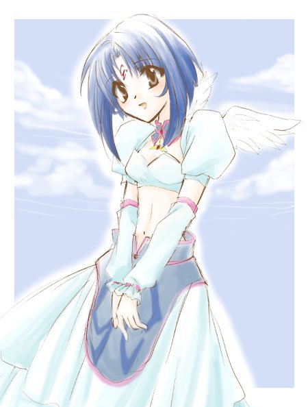 .hack// .hack//sign 00s 1girl arm_warmers bandai blue_hair brown_eyes cowboy_shot cyber_connect_2 detached_collar dress facial_mark forehead_mark hack looking_at_viewer midriff puffy_sleeves short_hair smile solo subaru_(.hack//) v_arms white_dress white_wings wings