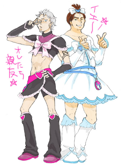 2boys black_boots boots cosplay crossdressinging cure_black cure_black_(cosplay) cure_white cure_white_(cosplay) eureka_seven eureka_seven_(series) futari_wa_precure hap holland_novak knee_boots magical_girl male_focus multiple_boys parody precure white_boots