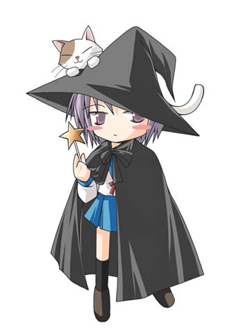 cape chibi hat kamiya_tomoe lowres nagato_yuki shamisen_(suzumiya_haruhi) suzumiya_haruhi_no_yuuutsu wand witch_hat