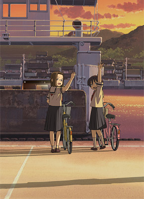 2girls bicycle brown_hair dusk hitotsubashi_yurie kamichu! lowres multiple_girls naruko_hanaharu school_uniform serafuku shijou_mitsue waving