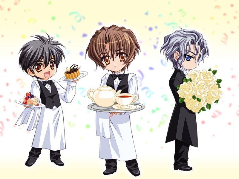 3boys apron black_hair blue_eyes bouquet bow bowtie brown_eyes brown_hair butler cake carnelian chibi cup dress_shirt fang flower food grey_hair katsuragi_takuto kou_(messiah) male_focus messiah_(game) multiple_boys pastry rose sasamori_ryouta shirt tea teacup teapot towel vest white_rose