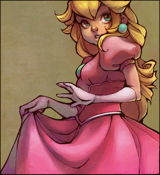 1girl blonde_hair dress earrings gloves gown jewelry loish long_hair nintendo pink_dress princess princess_peach skirt_hold solo super_mario_bros.