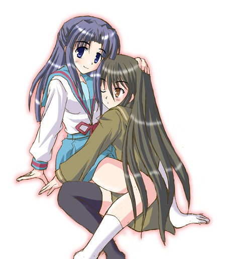 2girls asakura_ryouko crossover half_updo hiiragi_tomoka multiple_girls school_uniform serafuku shakugan_no_shana shana suzumiya_haruhi_no_yuuutsu thigh-highs