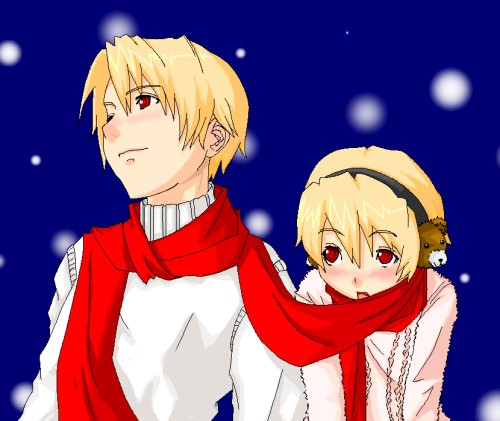 animal_earmuffs earmuffs higurashi_no_naku_koro_ni houjou_satoko houjou_satoshi lowres scarf shared_scarf snow snowing