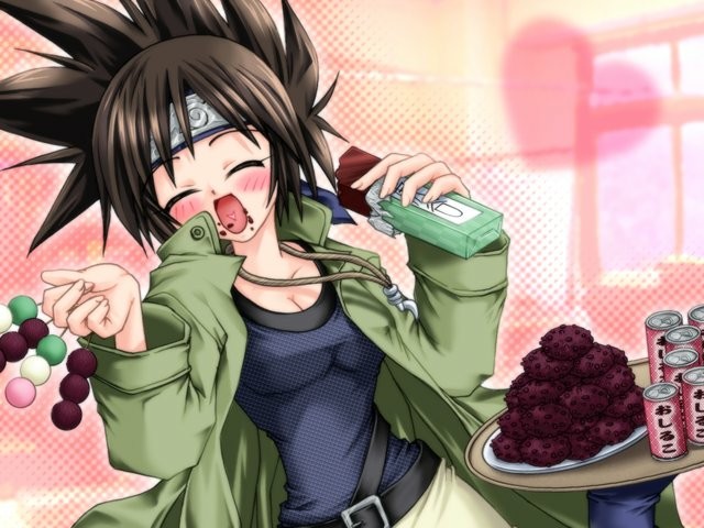 1girl artist_request blush breasts chocolate closed_eyes dango eating food food_request heart medium_breasts mitarashi_anko naruto open_mouth sanshoku_dango solo tray wagashi