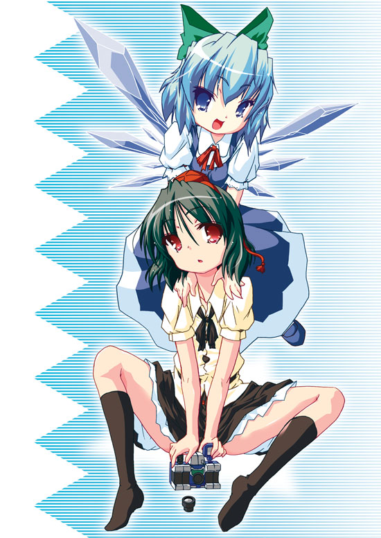 2girls :d :o bangs black_hair blue_eyes blue_hair bow brown_legwear camera cirno crossover decepticon dress female flat_chest flying footwear gradient gradient_background hair_between_eyes hair_bow hands_on_shoulders hat kneehighs looking_at_viewer mecha miniskirt multiple_girls naitou_satoshi neck_ribbon open_mouth red_eyes reflector reflector_(transformers) ribbon shameimaru_aya shirt shoes short_hair sitting skirt smile socks spread_legs striped striped_background tokin_hat touhou transformers wings