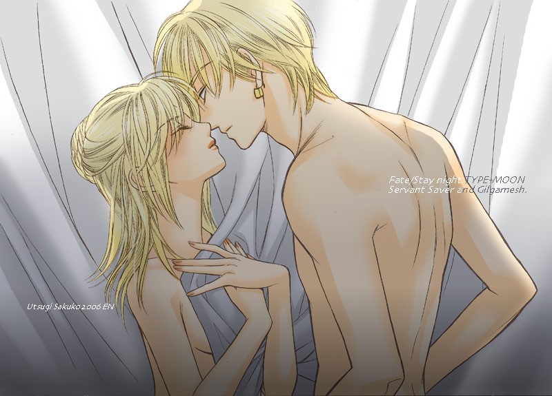 1boy 1girl back blonde_hair blush breasts closed_eyes couple covering covering_breasts curtains drape en fate/stay_night fate_(series) gilgamesh hetero incipient_kiss kiss nude nude_cover saber shirtless topless upper_body utsugi_sakuko