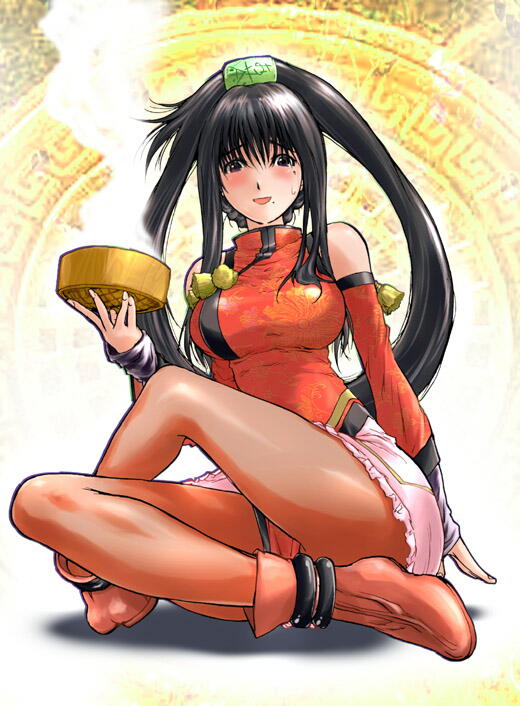 1girl arc_system_works bamboo_steamer black_hair boots china_dress chinese_clothes cosplay dress genshiken guilty_gear hair_ring konkitto kuradoberi_jam kuradoberi_jam_(cosplay) oono_kanako pantyhose sitting solo twintails