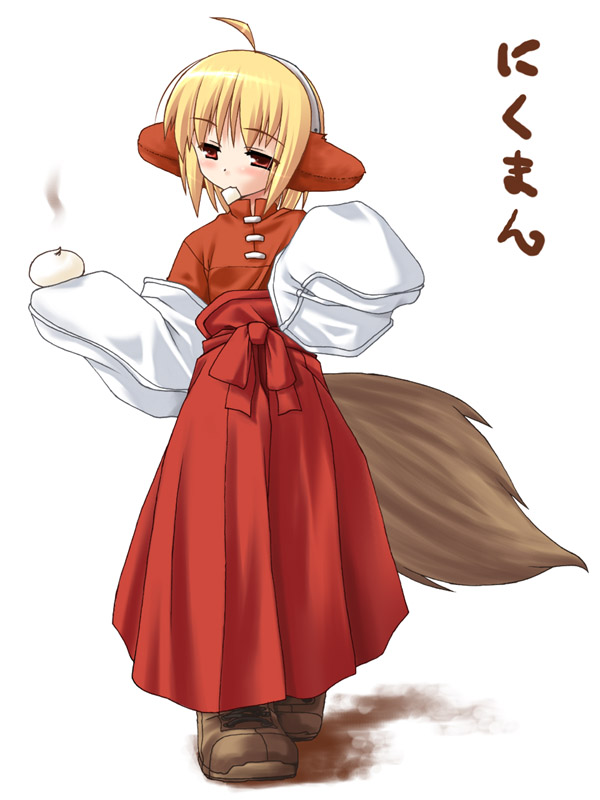 1girl animal_ears baozi dumpling earmuffs food fox fox_ears fox_tail japanese_clothes miko nikuman red_hakama solo tail