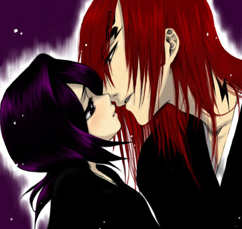 1boy 1girl abarai_renji bleach couple hetero kuchiki_rukia long_hair lowres purple_hair redhead tattoo