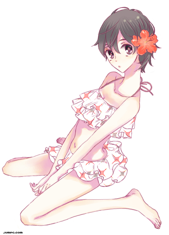 1girl barefoot between_legs bikini black_hair flower frills fujioka_haruhi full_body hand_between_legs head_tilt hibiscus kneeling looking_at_viewer open_mouth ouran_high_school_host_club short_hair simple_background sitting solo swimsuit tankini wariza white_background