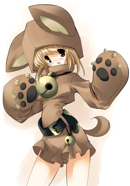 1girl :d animal_costume bell blonde_hair blush brown_eyes cosplay dog_costume hanpen jingle_bell open_mouth short_hair smile solo tail