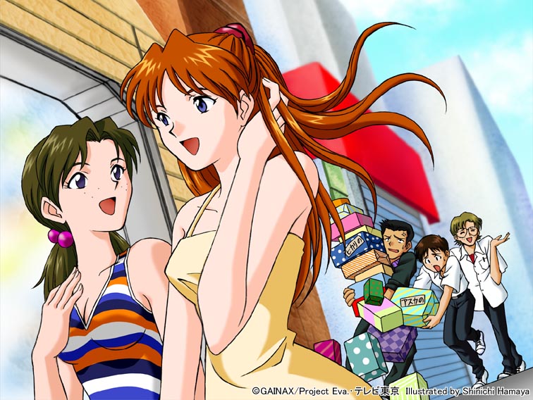 2girls 3boys aida_kensuke brown_hair dress freckles hair_ornament hamaya_shin'ichi horaki_hikari ikari_shinji multiple_boys multiple_girls neon_genesis_evangelion redhead shinichi_hamaya souryuu_asuka_langley suzuhara_touji twintails yellow_dress