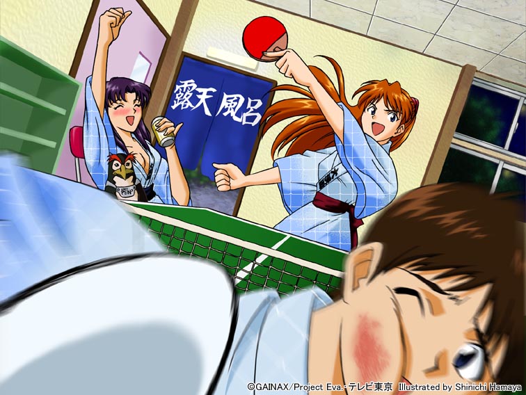 1boy 2girls age_difference bird blush breasts cleavage dutch_angle hamaya_shin'ichi happy ikari_shinji indoors japanese_clothes katsuragi_misato kimono long_hair looking_at_viewer multiple_girls neon_genesis_evangelion open_mouth paddle penguin penpen shinichi_hamaya short_hair smile souryuu_asuka_langley table_tennis table_tennis_paddle wince yukata