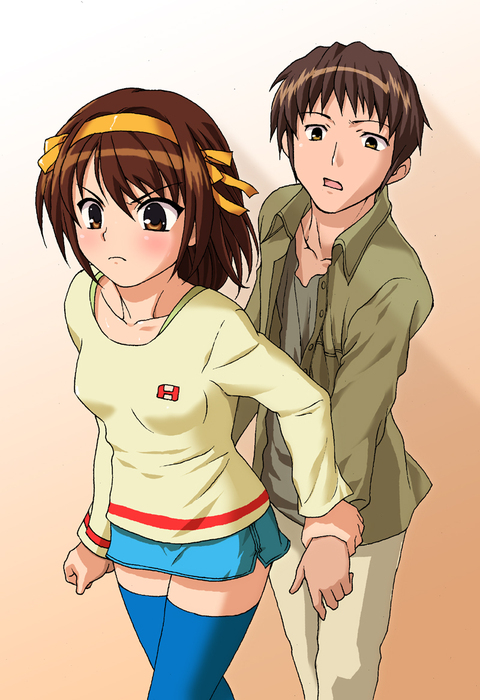 blush brown_hair g-tetsu hand_holding kyon short_hair suzumiya_haruhi suzumiya_haruhi_no_yuuutsu thigh-highs zettai_ryouiki