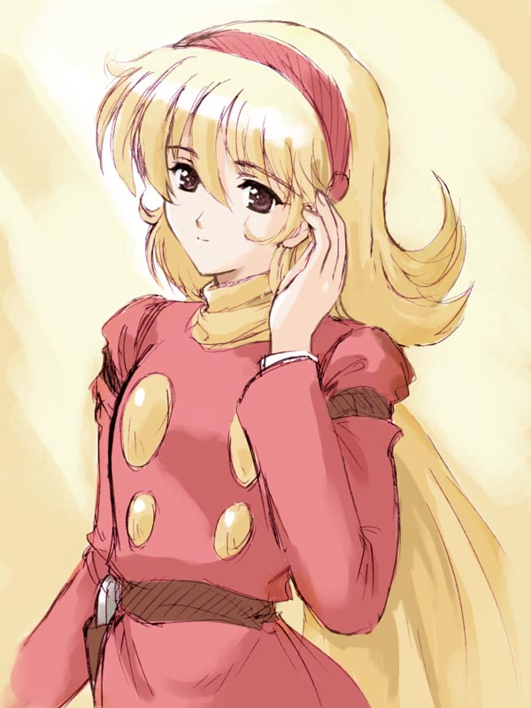 1girl 60s 70s bangs blonde_hair cyborg cyborg_009 francoise_arnoul hairband long_hair oldschool scarf smile solo suzuno_kouya violet_eyes