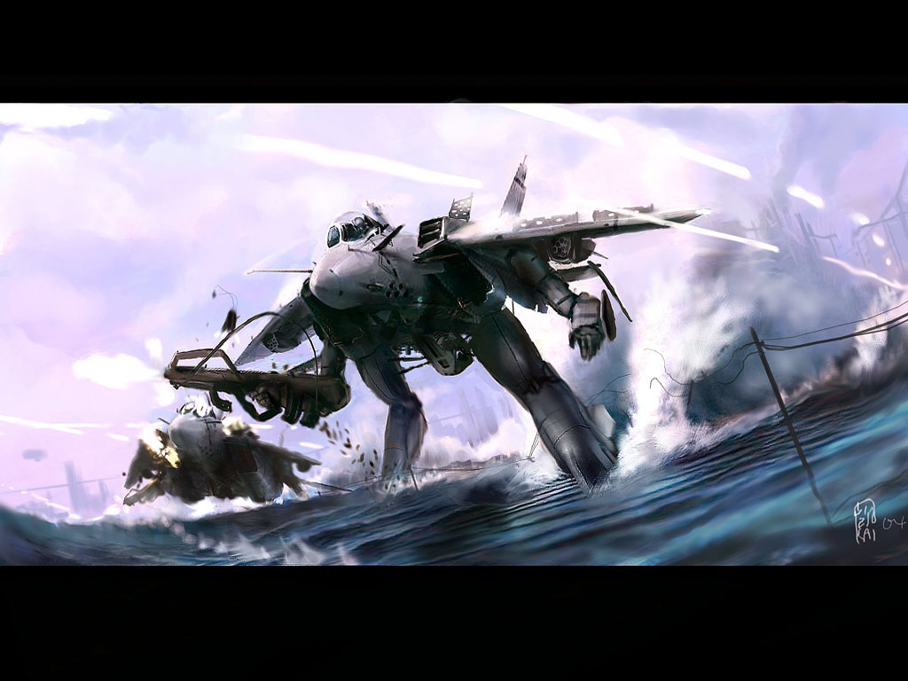 00s casing_ejection f-14 firing gerwalk macross macross_zero mecha muzzle_flash ocean prototype realistic science_fiction shell_casing sky ukitakumuki valkyrie vf-0 water