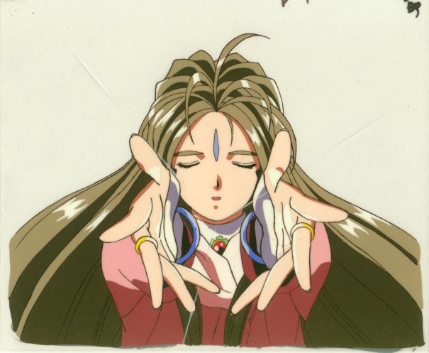 1girl 90s aa_megami-sama belldandy brown_hair cel closed_eyes facial_mark forehead_mark goddess jewelry long_hair outstretched_hand ring solo