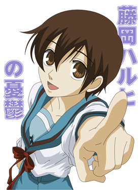 brown_eyes brown_hair finger_pointing fujioka_haruhi lowres ouran_high_school_host_club parody pointing school_uniform serafuku short_hair suzumiya_haruhi_no_yuuutsu