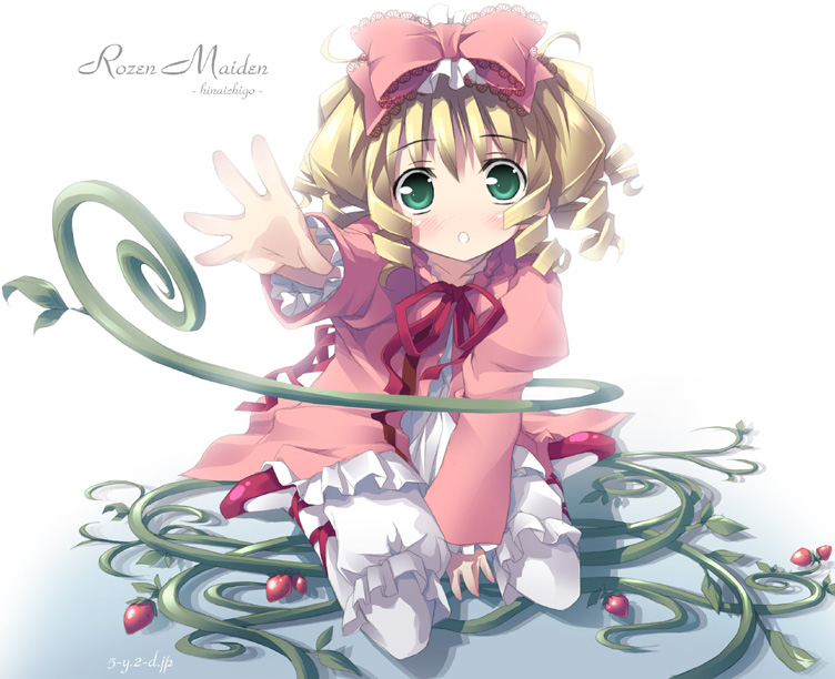 00s 1girl :o blonde_hair bloomers bow character_name copyright_name food fruit full_body green_eyes hair_bow hina_ichigo kantoku kneeling looking_at_viewer no_nose object_namesake outstretched_hand pantyhose pink_bow pink_shirt red_bow red_shoes rozen_maiden shirt shoes short_hair solo strawberry underwear vines watermark web_address white_background white_legwear