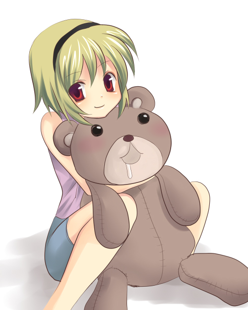 1girl blonde_hair higurashi_no_naku_koro_ni houjou_satoko mei red_eyes saliva short_hair smile solo stuffed_animal stuffed_toy teddy_bear younger