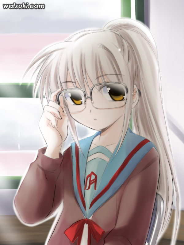 alternate_hairstyle glasses nagato_yuki ponytail school_uniform serafuku suzumiya_haruhi_no_yuuutsu watsuki_ayamo