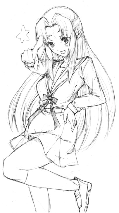 1girl asakura_ryouko finger_pointing miharu_(artist) miharu_(ttt) monochrome pointing school_uniform serafuku sketch solo suzumiya_haruhi_no_yuuutsu