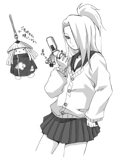 1boy artist_request cellphone crossdressinging deidara hair_over_one_eye male_focus miniskirt monochrome naruto naruto_shippuuden phone school_uniform serafuku skirt solo translation_request trap