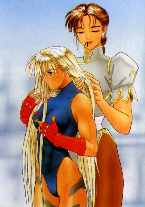 2girls adjusting_hair artist_request blonde_hair blue_eyes braid brown_hair cammy_white capcom china_dress chinese_clothes chun-li closed_eyes dress female fingerless_gloves gloves hairdressing height_difference leotard long_hair multiple_girls muscle official_art pantyhose street_fighter