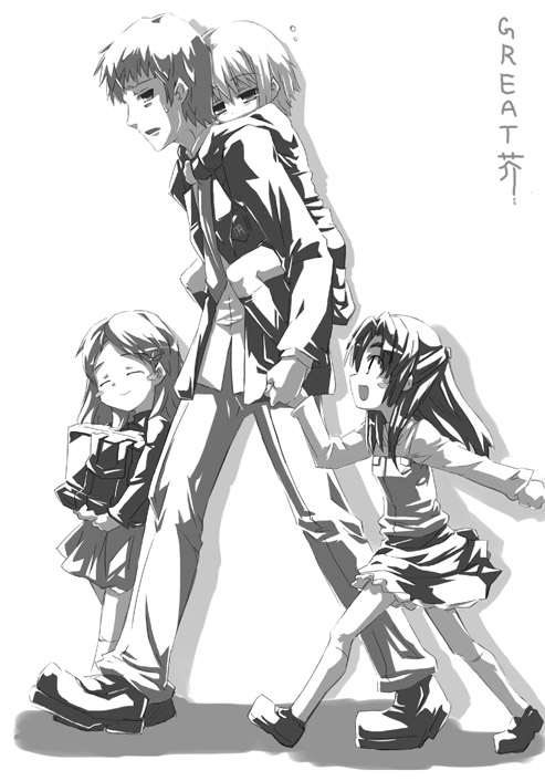 1boy 3girls asakura_ryouko child half_updo kimidori_emiri kyon monochrome multiple_girls nagato_yuki suzumiya_haruhi_no_yuuutsu tokyo_(great_akuta) younger