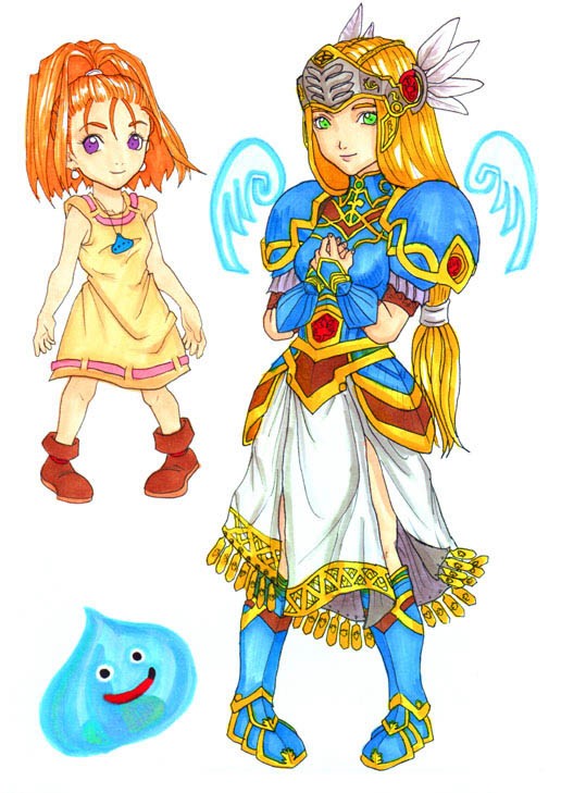 2girls armor armored_dress barbara blonde_hair circlet cosplay dragon_quest dragon_quest_vi forehead green_eyes high_ponytail lenneth_valkyrie lenneth_valkyrie_(cosplay) long_hair low-tied_long_hair mireyu multiple_girls parody ponytail redhead slime slime_(dragon_quest) tied_hair valkyrie_profile violet_eyes white_background