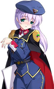 1girl alice_soft belt beret blush braid cape daibanchou embarrassed ginjou_tomoka green_eyes hat long_hair lowres military military_uniform notebook official_art onigirikun purple_hair simple_background solo standing uniform