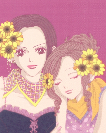 2girls closed_eyes eyebrows eyelashes flower komatsu_nana multiple_girls nana_(manga) nana_(series) official_art oosaki_nana osaki_nana simple_background yazawa_ai