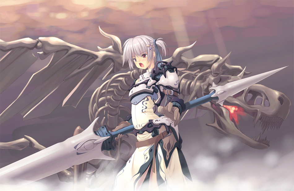 1girl armor clouds dragon fantasy fire flame gloves grey_hair hair_ornament lance open_mouth original poco_(asahi_age) polearm red_eyes short_hair side_ponytail silver_hair solo weapon