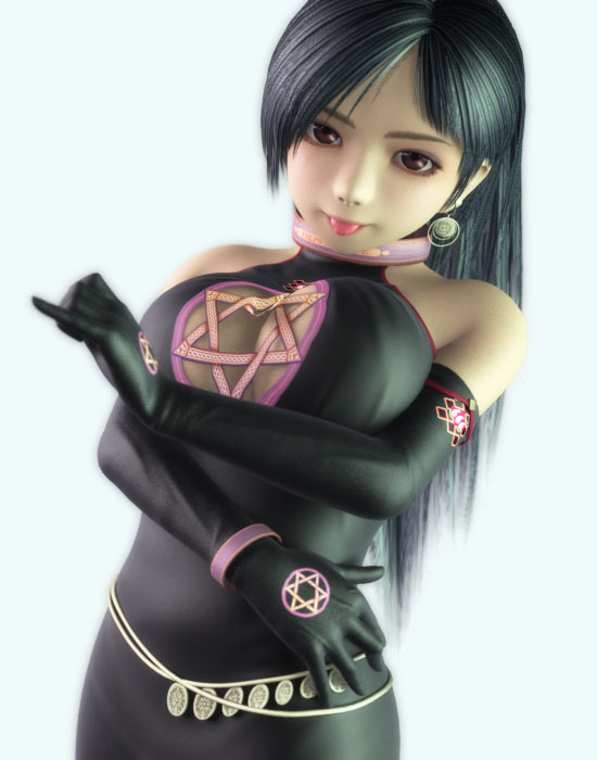 1girl 3d :p black_hair breasts brown_eyes character_request choker cleavage cleavage_cutout earrings elbow_gloves gloves hexagram jewelry large_breasts long_hair magen_david render shield_of_david solo source_request star_of_david tongue tongue_out