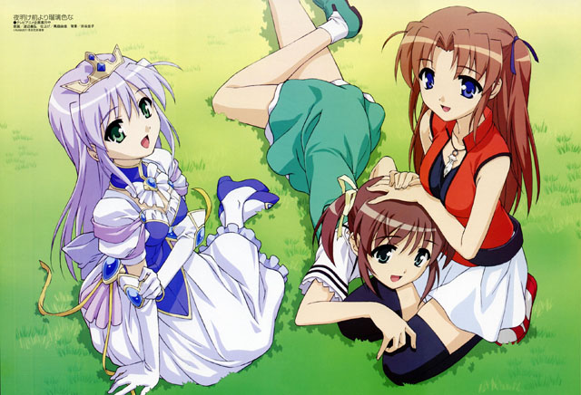 3girls :d ahoge arm_support asagiri_mai bangs bare_shoulders belt black_legwear blue_eyes bow bracelet breast_rest breasts brooch brown_hair cleavage crown detached_collar dress duplicate elbow_gloves feathers feena_fam_earthlight field frilled_dress frills gem gloves grass green_eyes grey_eyes hair_ribbon hand_on_another's_head hand_on_head hands_together high_collar high_heels holding_arm jewelry lace lace-trimmed_dress lap_pillow long_hair looking_at_viewer looking_back lying magazine_scan medium_breasts megami miniskirt multiple_girls necklace official_art on_ground on_side open_mouth pantyhose parted_bangs ribbon scan seiza shirt shoes short_dress short_hair short_twintails sidelocks silver_hair sitting skirt sleeveless sleeveless_shirt smile sneakers socks striped takamizawa_natsuki thigh-highs tiptoes turtleneck twintails two_side_up very_long_hair watanabe_yoshihiro white_legwear yoake_mae_yori_ruri_iro_na yokozuwari zettai_ryouiki