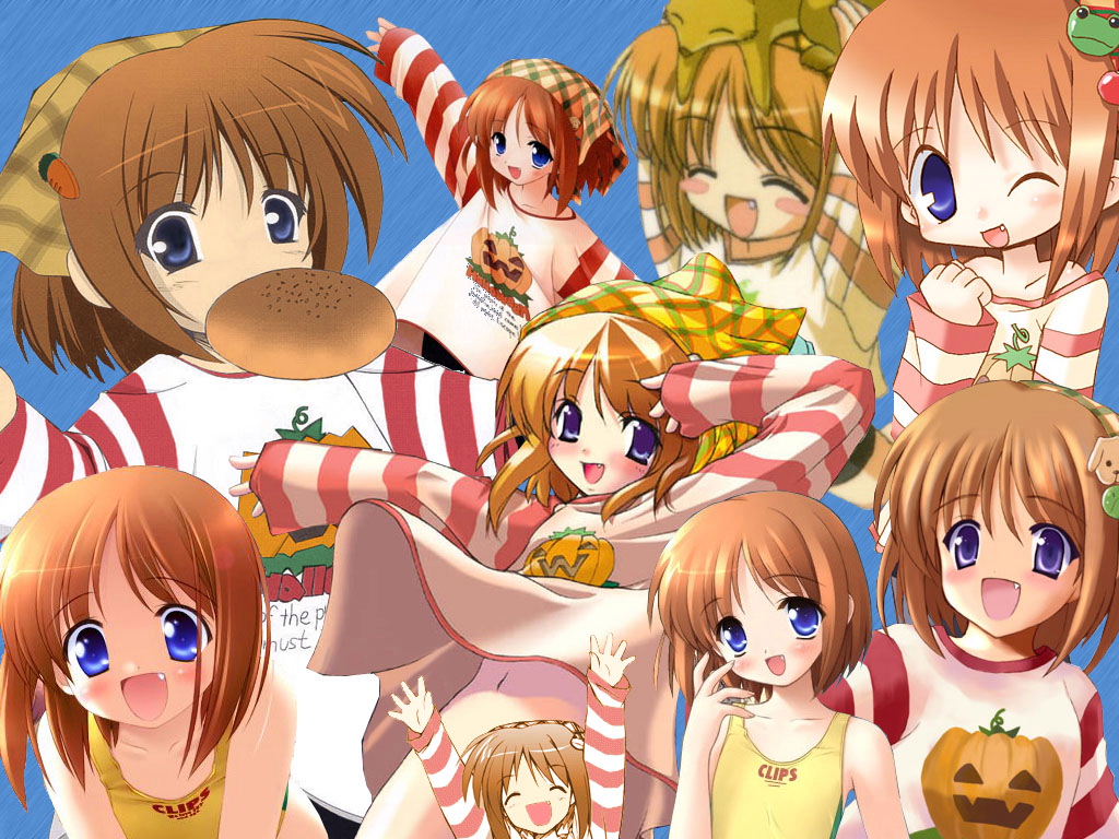 1girl arms_up bandanna blue_eyes blush blush_stickers bottomless brown_hair censored child collage convenient_censoring fang flat_chest food frog gayarou hair_ornament hairclip mouth_hold navel object_on_head one-piece_swimsuit one_eye_closed orange_hair photoshop plaid pumpkin short_hair solo striped suigetsu swimsuit waha wallpaper wink yamato_suzuran