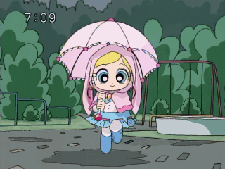 1girl animated animated_gif bubble clock clockshow goutokuji_miyako lowres powerpuff_girls powerpuff_girls_z qvga raincoat rolling_bubbles screencap solo umbrella