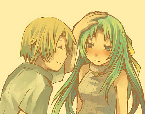 1boy 1girl blush closed_eyes green_hair hair_ribbon half_updo hand_on_another's_head hand_on_head hanokage higurashi_no_naku_koro_ni houjou_satoshi long_hair lowres ribbon smile sonozaki_shion tan_background