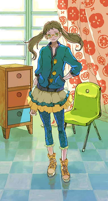 1girl brown_hair cabinet capri_pants chair checkered checkered_floor curtains eihi floor glasses green_eyes hand_in_pocket leggings legs original pants pants_under_skirt perspective skirt solo twintails yellow-framed_glasses