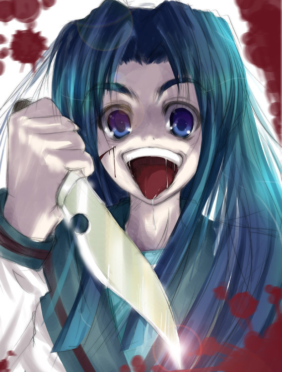 asakura_ryouko blood blood_on_face crazy_eyes creepy knife lens_flare saliva smile suzumiya_haruhi_no_yuuutsu waku