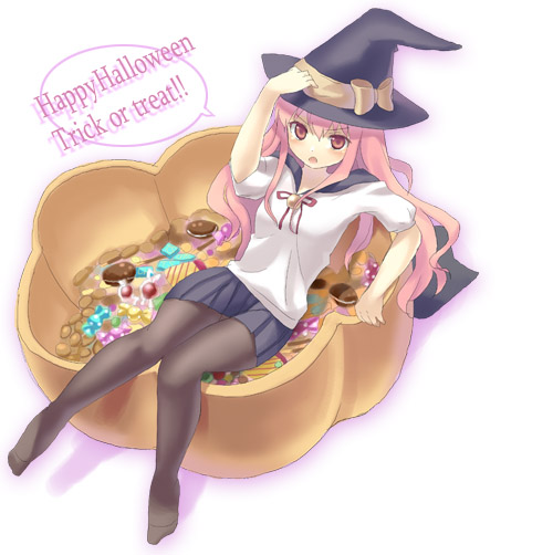 1girl candy cookie food halloween hamamo happy_halloween hat louise_francoise_le_blanc_de_la_valliere pantyhose pink_hair solo trick_or_treat witch_hat zero_no_tsukaima