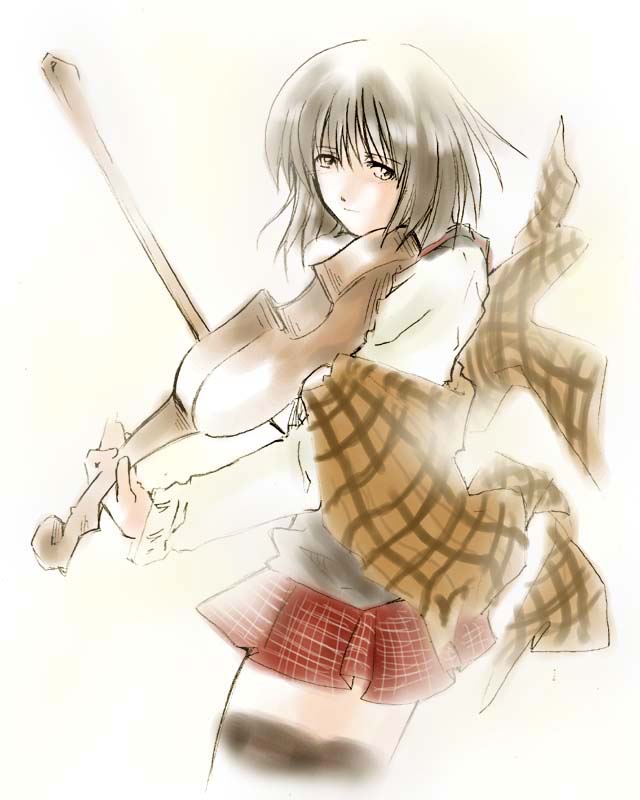 1girl brown_hair instrument iwaki_hiro kanon misaka_shiori red_skirt shawl simple_background skirt solo thigh-highs violin