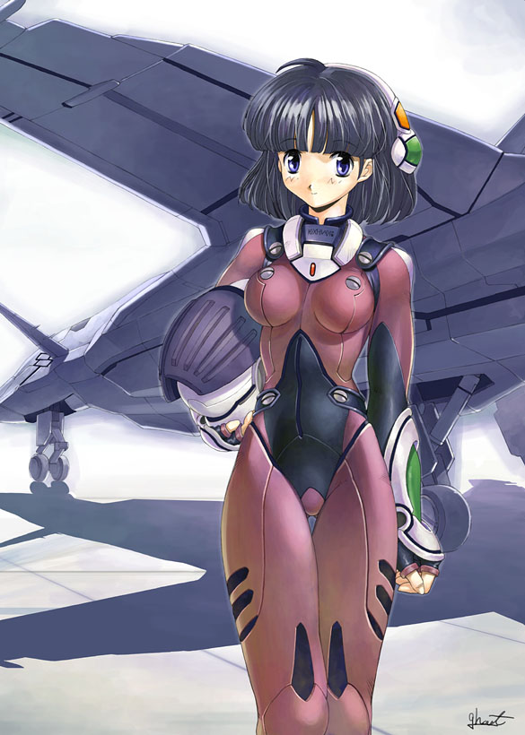 1girl airplane black_hair blue_eyes bodysuit helmet kirishima_kyouko original short_hair solo uchiu_kazuma