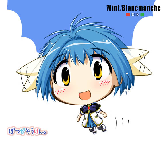 1girl animal_ears azumanga_daioh blue_hair blue_skirt blush broccoli_(company) character_name flying galaxy_angel mint_blancmanche parody short_hair skirt solo