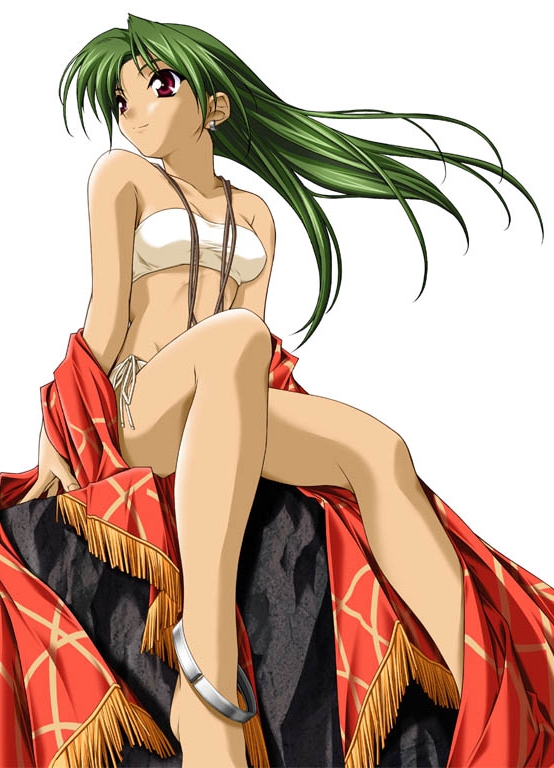 00s 1girl anklet bandeau barefoot bikini breasts cyamna_fon earrings flat_chest green_hair hashimoto_takashi jewelry legs long_hair long_legs necklace red_eyes shawl side-tie_bikini sitting small_breasts smile solo strapless swimsuit tan tubetop wind with_you