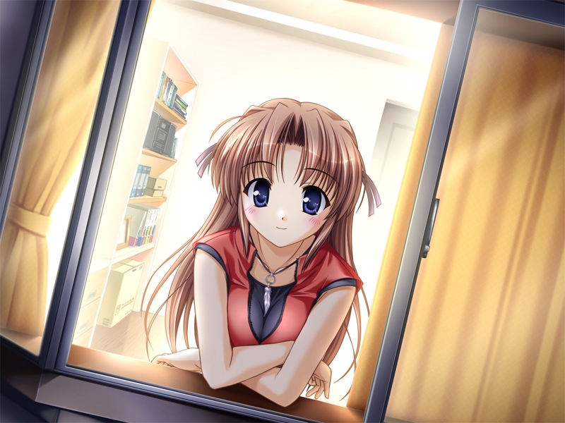 1girl bekkankou blue_eyes blush bookshelf brown_hair crossed_arms game_cg solo takamizawa_natsuki window yoake_mae_yori_ruri_iro_na