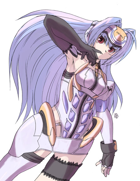 1girl android armor blue_hair breasts elbow_gloves gloves headgear kos-mos long_hair purple_hair red_eyes simple_background solo thigh-highs xenosaga xenosaga_episode_i