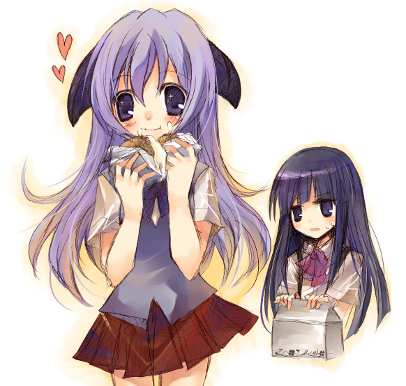 2girls blush bow cookie eating food furude_rika hanyuu heart higurashi_no_naku_koro_ni hime_cut horns lavender_hair long_hair multiple_girls pink_bow pleated_skirt purple_hair school_uniform shirt short_sleeves skirt suspenders suzushiro_kurumi very_long_hair vest